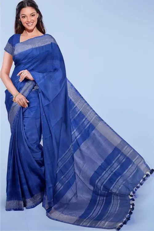 Pure Cotton Saree in Royal Blue with Silver Stripes